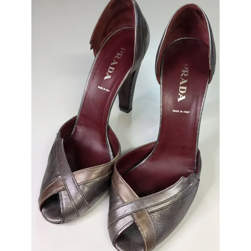 Vintage Y2K Prada Metallic D'Orsay Peep-Toe Pumps, late 1990s or early 2000s
